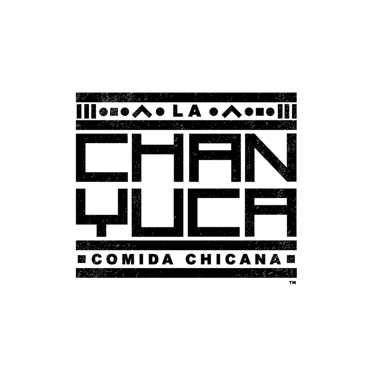 Large black and white image of LOGO with geometric figures in several horizontal bars. Image text:
LA 
CHAN
YUCA
COMIDA CHICANA

© LA CHAN-YUCA