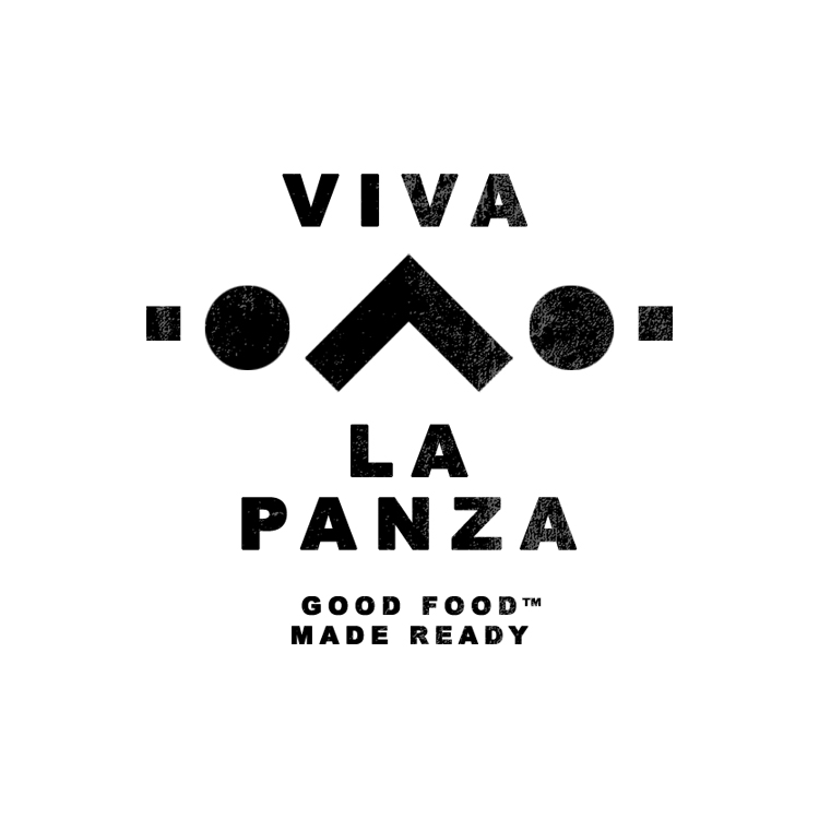 Large black and white image emulating a face with geometric figures with fowling text: 
VIVA
LA
PANZA
GOOD FOOD
MADE READY

© LA CHAN-YUCA
